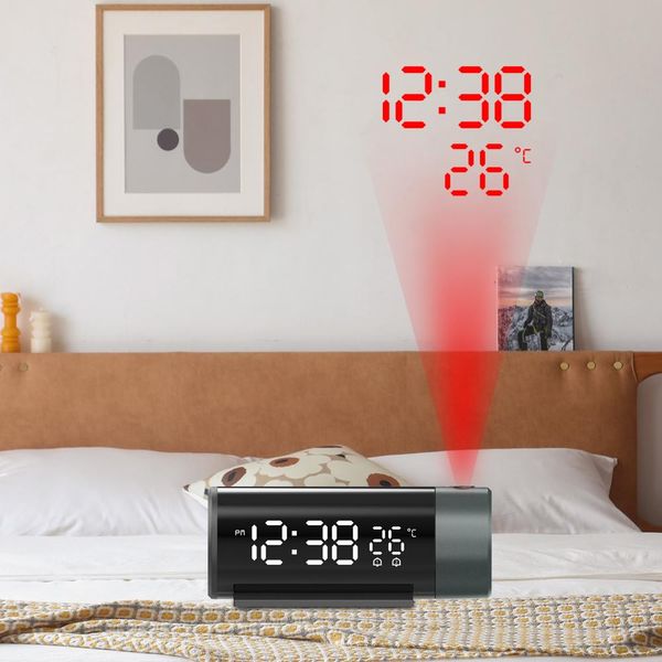 Réveil à projection numérique avec température, rotation à 180 °, table électronique USB, horloge de chevet de chambre à coucher, fonction de répétition murale 3D