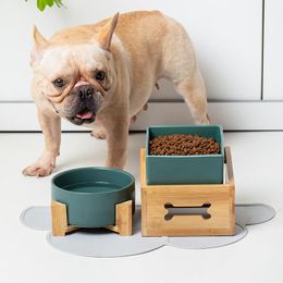 Alimentation chien nourriture bols d'eau avec support en bois en céramique chiot boire manger plat surélevé bol chat haut pied alimentation mangeoires