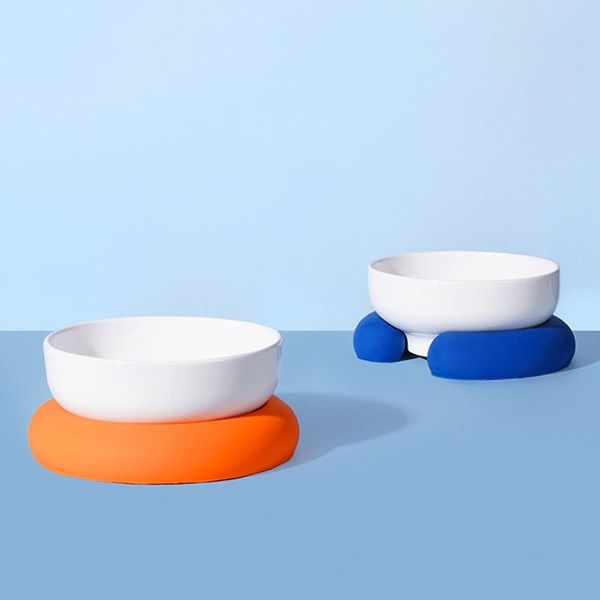 Double bol d'alimentation pour chien, bols de nourriture pour chat, bols de nourriture et d'eau en céramique pour chien avec tapis en Silicone antidérapant pour petits chiens et chats