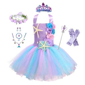 Vestido de tutú de sirena Ariel en colores pastel para niñas, disfraz de fiesta de cumpleaños con tema del mar y diadema de flores, vestidos de flores del océano 112y