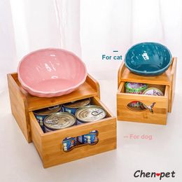 Alimentation nouveau Design bol en céramique pour animaux de compagnie avec tiroir en bois de bambou bol de nourriture pour chien et chat fournitures d'eau en forme de coquille petite mangeoire pour chien