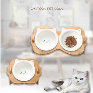 Nourrir de nouveaux animaux de compagnie Double Bowl Chien Cat Aliments pour la nourriture Afficheur Water Support Cerrac Dish Bowl Table en bois mignon Cat Cat Bowl