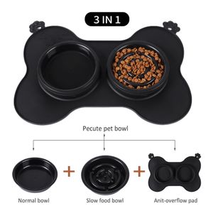 Alimentación Cuencos de viaje para perros y mascotas Cuenco plegable de silicona para mascotas Cuenco doble antideslizante para perros Bolsa de franela Cuencos para perros Cuenco portátil para mascotas al aire libre Comida