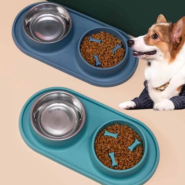 Alimentación de mascotas, cuenco doble de acero inoxidable para cachorros, antiasfixia, alimentación de silicona, agua, cuencos para perros y gatos de doble propósito, suministros de alimentación para mascotas