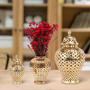 Vase en céramique doré percé, pot de gingembre avec couvercle, pot de rangement creux, Vase à bourgeons en treillis sculpté, pot de temple pour chambre, décoration de la maison