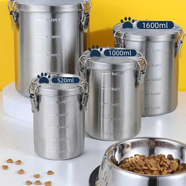 Caja de almacenamiento de alimentos para perros y gatos de acero inoxidable, contenedor de alimentación para mascotas a prueba de humedad, barril de almacenamiento de alimentos, accesorios para comedero para perros y gatos