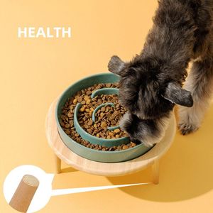 Ulmpp Bol d'alimentation Lente en céramique pour Chien avec Support en Bois réglable Mangeoire pour Nourriture pour Animaux de Compagnie Mangeoire surélevée pour Chat de Chien de Petite à Moyenne Taille