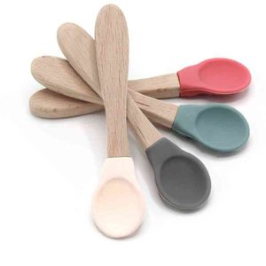 Alimentation Manche En Bois Cuillère En Silicone Pour Bébé Ustensiles Mangez Des Aliments Soild Enfants Formation Manipulative Capacité Vaisselle Pour Enfants G1210