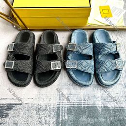 Feel Blue Denim Slides Ff Luxury Brand Sandales Mentilles pour femmes Sandal Sandal Sandales Plats Sandales Sandales Classiques Plans Plans de haute qualité Big Taille 35 46