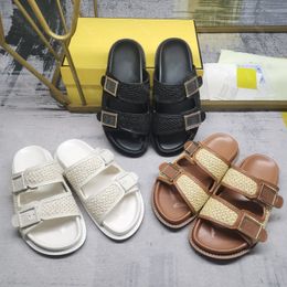 Feel Slide Designer Slipper Raffia Double-Band Sandal Sraw Flat Heels Slides Printing Vrouwen Slippers Zomer Strand Leer Rubber Metalen Gesp Sandalen