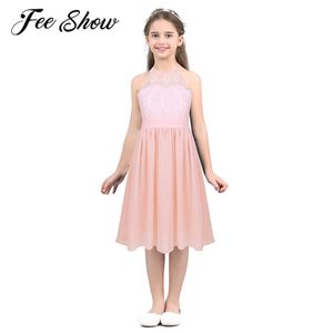 Feeshow 4-16 meninas vestido de renda chiffon flor menina vestido princesa concurso casamento dama de honra vestido de festa de aniversário roupas q0716
