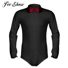 Feeshow Camisa de esmoquin con mameluco con cremallera de manga larga para Hombre Camisas Hombre Color sólido Camisa de baile moderno latino suave y liso con pajarita224z