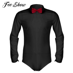 Feeshow Heren Lange Mouw Rits Romper Smoking Shirt Camisas Hombre Effen Kleur Zacht Glad Latin Modern Dans Shirt met Bowtie224z