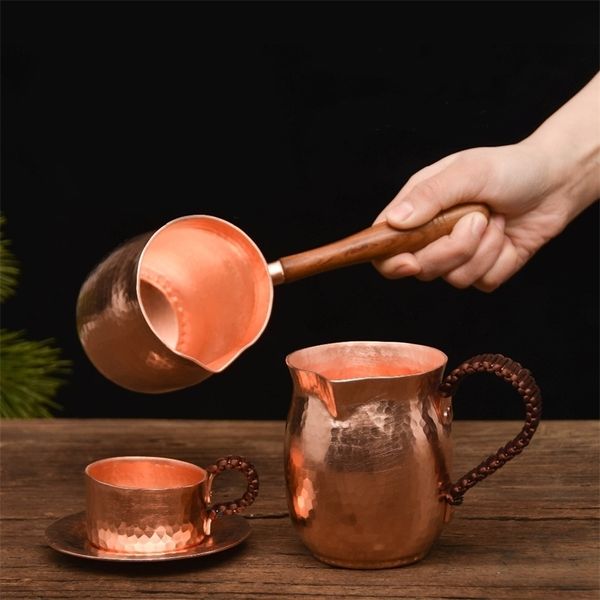 Feic Pure Copper Handmade Coffee Tea Set Turc Greek Greek Arabe Café avec cafetière à poignée en bois ibrik pour barista T200111