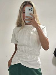 Feilandy Summer Unique Womens T-shirt Basic Fashion O-Leck Tops plissés élastiques White Dame Shirts décontractés à manches courtes pour femmes