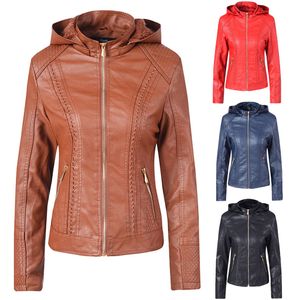 Feitong veste en simili cuir sweat à capuche pour femme hiver automne veste de moto noir vêtements d'extérieur en faux cuir PU manteau 8M3