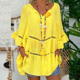 Feitong grande taille Blouse femmes chemise solide coton lin évider 3/4 longueur manches col en v pull blusas mujer de moda 2020