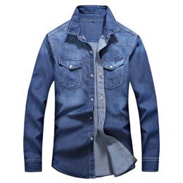 Feitong Streetwear Denim Shirt Mannen Mode Turn-Down Collar Casual Lange Mouw Herfst Winter Zakken Mannelijke Tops Blouse