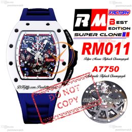 Felipe Massa 011 Automatic Flyback ETA A7750 Chronograph Mens Watch RMF White Ceramics Case Skeleton Dial Blue Rubber Strap Super Edition Puretime Reloj PTRM