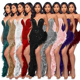 Felyn 2023 nouveau Design de mode robe solide paillettes sans bretelles plume ourlet Sexy célébrité fête Maxi robe robes 231213