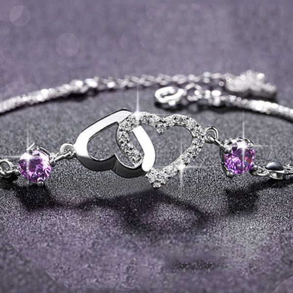 Bracelet coeur améthyste femme argent S925 mode diamant violet diamant blanc bijoux Bracelet vente en gros longueur de la chaîne 16 cm extension 3 cm cm