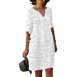 Femme plage Dr col en V demi manches Fr broderie pull élégant tenue décontracté couleur blanche femmes été ample décontracté Midi c818 #