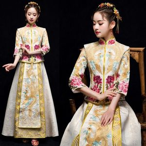 Vrouwelijke Chinese bruiloft feestjurk oude vrouwen klassieke qipao vintage phoenix cheongsam vestidos elegante avondjurken