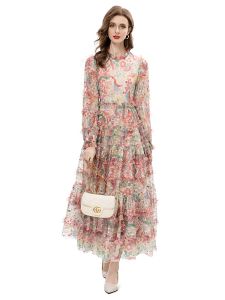 Vrouwelijke jurk nieuwe lente hoge kwaliteit mode feest bedrukt bohemien mesh ruche elegante casual luxe mooie klassieke lange jurk