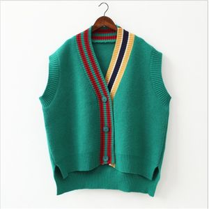 Vrouwelijke mode losse vest v-hals knoop trui open stitch casual gestreepte vest 211120