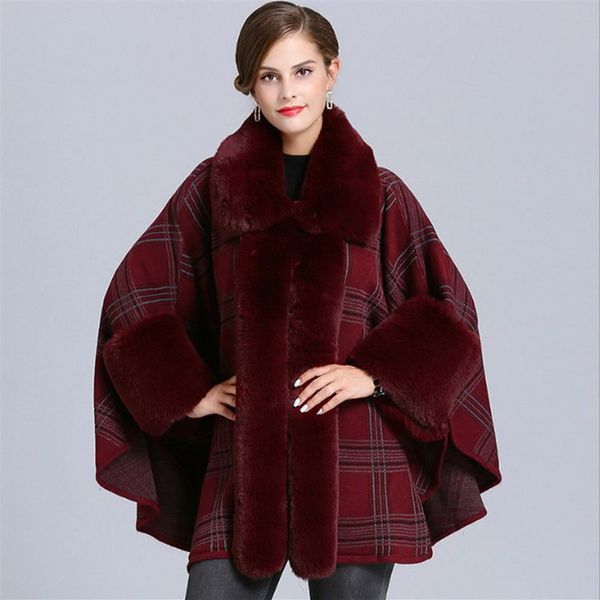 Femme fausse fourrure de renard à carreaux tartan Cape Poncho Cardigan tricot dame châle étole enveloppe pull #41442349