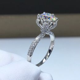 Anel de flor feminino 925 prata esterlina redondo 3ct aaaaa zircon cz anéis de banda de casamento de noivado para mulheres jóias de festa de noiva