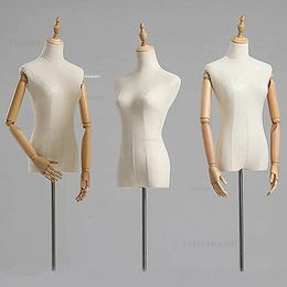 Vrouwelijke kop half mannequins Body Metal Base voor bruiloft kleding display houten arm stof dekmaker vorm verstelbaar rek