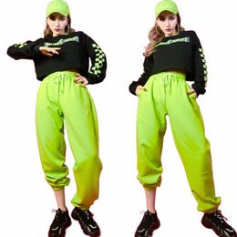 Femme Jazz Hip-Hop Performance Costumes Casual Fluorescent Vert Sweat-shirt Hiphop Pantalon Costume Stage Show Tenues SL5819 M2dR #
