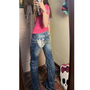 vrouwelijke jeans y2k pittig meisje zware industrie vleugels geborduurd gevouwen dames lage taille slanke lange broek