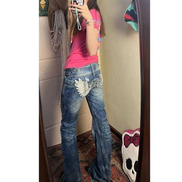 Jeans femelles Y2K Girl Spicy Hourde Industry Wings Broidered Polded Femme's Low Taist Slim Long Pantalon