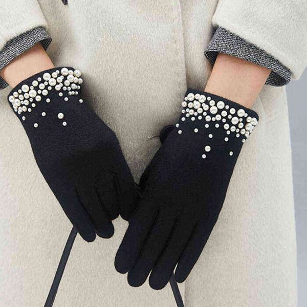 Femme De Luxe Laine Chaud Plein Doigt Perle Gants Hiver Écran Tactile Mitaines Femmes Lapin Cachemire Épais Gants De Conduite H58 J220719