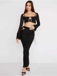 Femme nouveau à manches longues 2 pièces Maxi robes costume vacances tenues vêtements Sexy pure mousseline de soie week-end mince robe noire