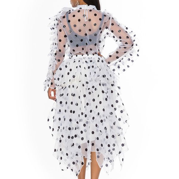 Femme Nouveau Polka Dot Deux Pièces Ensemble Organza Oversize Blouse Irrégulière Midi Jupe Ensemble Plus La Taille Femmes 2020 Printemps Eté Mode LJ201125