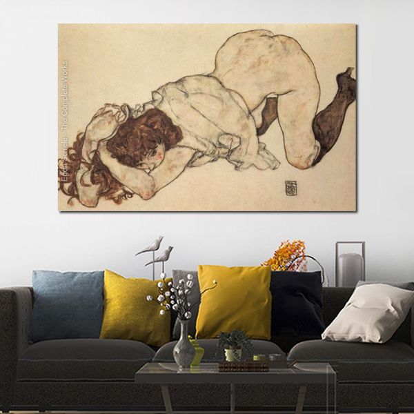 Femme nue toile Art fille agenouillée sur les deux coudes soutenu Egon Schiele peinture à la main salon décor moderne