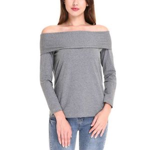 Vrouwelijke Off Shoulder Tee Shirts Katoen Lange Mouw Dames Sexy Chique Mode Effen Grijze Kleur Tops Blouses XXL Lente Herfst 210527