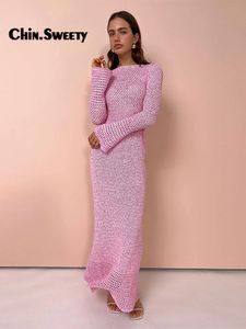 Femme rose doux Crochet robe tricotée élégante à manches longues col rond Maxi robes 2024 printemps automne dames déplacements robes 240106