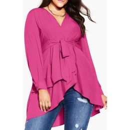 Femelle Plus taille rose décontractée rouge haut à manches longues haut de gamme Lady Aline Laceup printemps automne vneck mode femme 240419