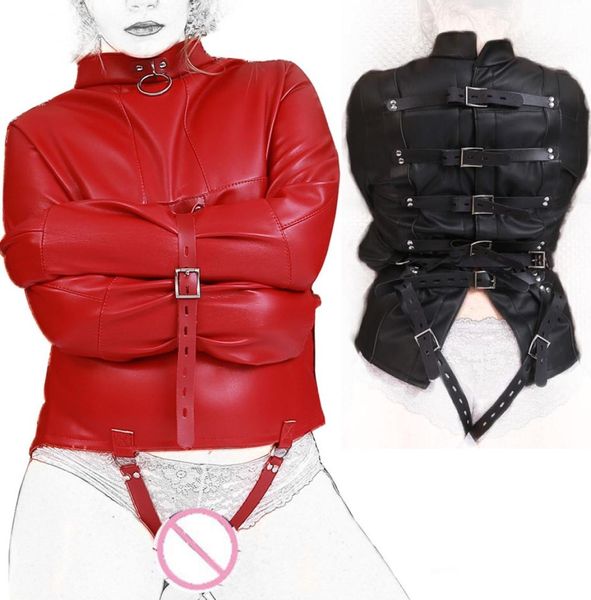 Abrigo de camisa de fuerza de Bondage ajustable de cuero Pu para mujer, arnés corporal erótico, Cosplay, juguete sexual BDSM para adultos Red9681055