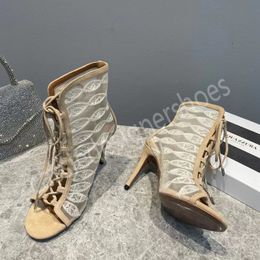 Sandalias femeninas Aquazzura Botas de tacón alto Zapatos de mujer de verano Tacones de aguja de diseñador Abrigo de tobillo Zapatos de vestir de moda para mujer Marca de lujo Hollow Peep Toe Ladies Mules