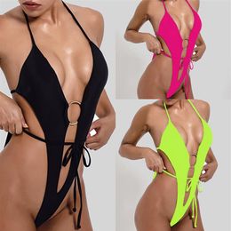 Vrouwelijke sexy zwemkleding 2021 Zomer Swimwear Halter Push Up Thong Bandage One Piece Swimsuit String Beach Bathing Suit voor dames213y
