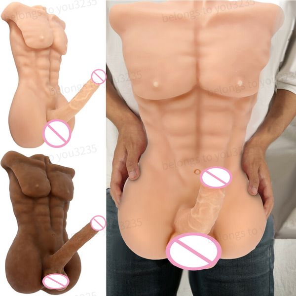 Muñeca sexy de silicona femenina realista TPE masculino negro 3D torso largo pene de media longitud con gran consolador y juguetes les