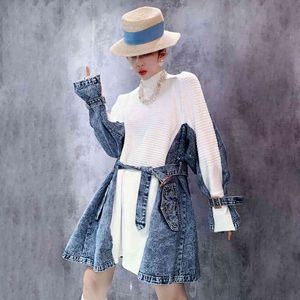 Femme printemps patchwork denim robe tricotée femmes col roulé à manches longues taille haute avec ceintures mini robes 210510