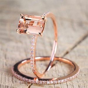 Vrouwelijke Vierkante Ring Set Luxe Rose Gold Filled Crystal Zirkoon Ring Wedding Band Belofte Verlovingsringen Voor Vrouwen Sieraden Gifts203g