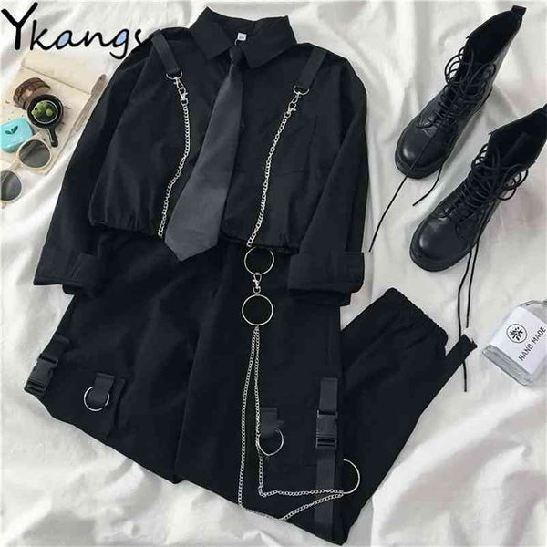 Femme étudiant lâche cravate chemise vêtements de sport femmes taille haute ceinture pantalon cargo mode harajuku streetwear costume deux pièces ensemble 210421