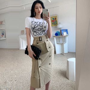 Vrouwelijke pak brief print slanke wasit t-shirt tops en hoge taille knop potlook rok twee stuk sets dames outfits 210529